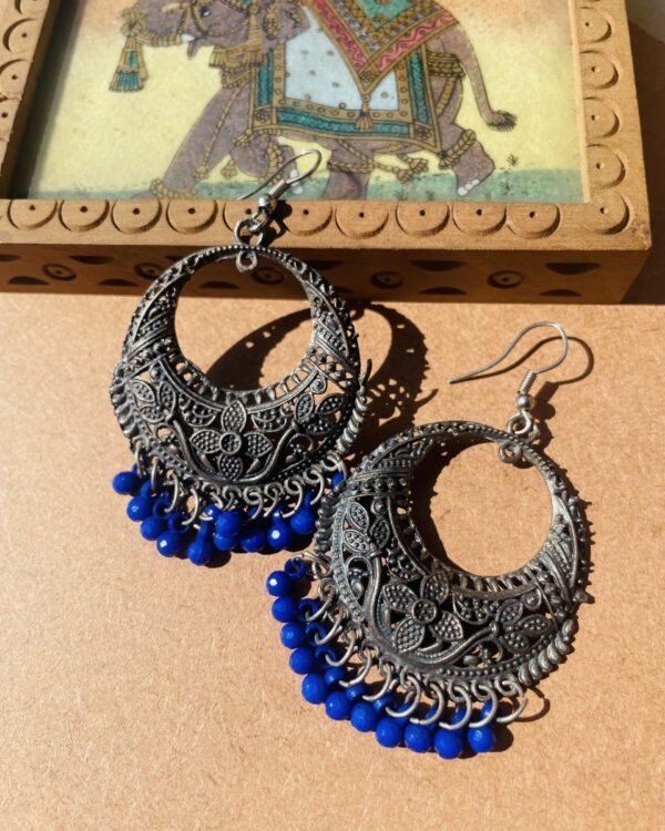 Traditional oxidised drop earrings with blue moti beads