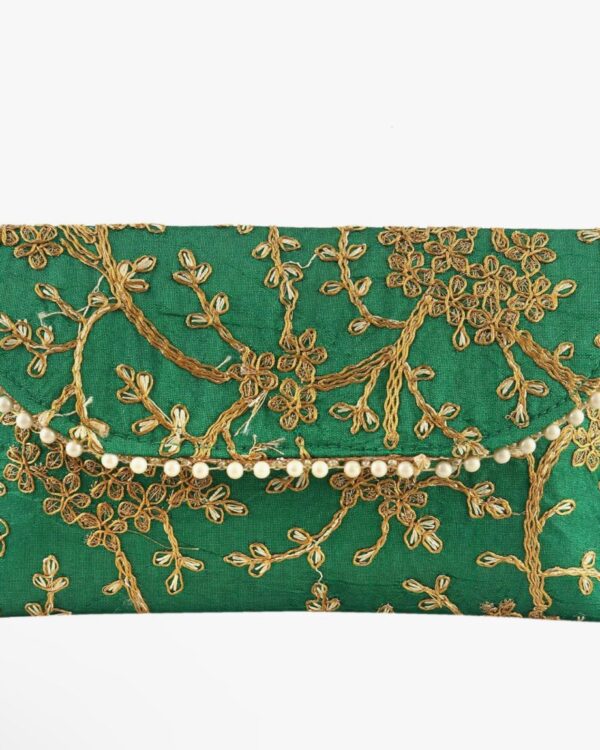 Emerald green embroidered clutch bag