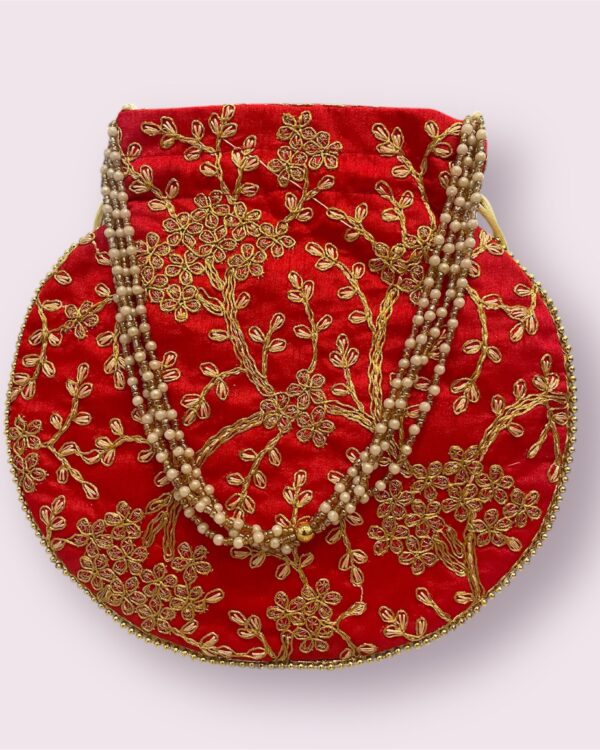 Embroidered Potli with Pearl & Gold beads hanging